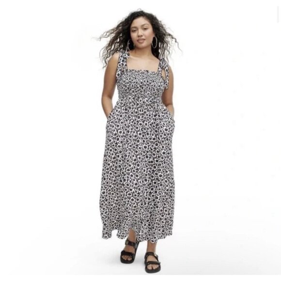 Diane Von Furstenberg Target Size 1X Smocked Tie Strap Neutral Poppy Midi Dress - Picture 1 of 9